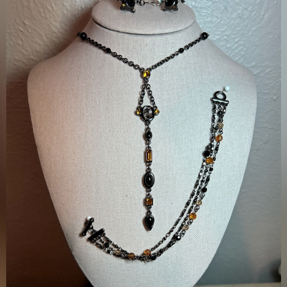Trifari Necklace, Bracelet & Earrings Set in Black Metal and Amber gemstones